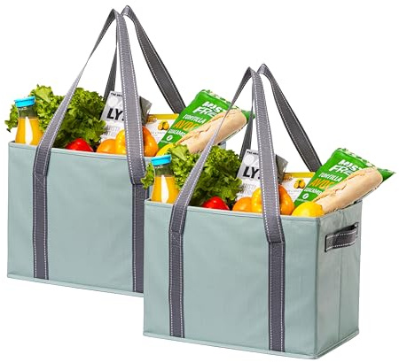 VENO 2 Pack Reusable Grocery Bags, Shopping Bags for groceries, Extra Large Utility Tote with Handles and Hard Bottom, Foldable Cart Organizer, Multi-Purpose, Heavy-Duty (Light Green Matte, 2 Pack)