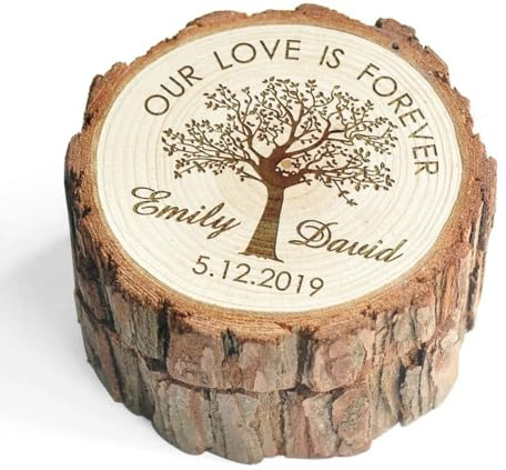 DOYOUWE Personalized Box For Wedding Ring In Natural Wood，Wedding Ring Dish，Tree Stump Wedding Ring Box，Ring Bearer Box,personalized Ring Pillow