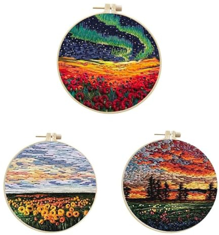 EORPAVU Embroidery Kits,Handstickset, Stickerei-Einführungs-Übungsset, Anfänger-Stickset, Landschaftsölgemälde-Muster (3 Sets)