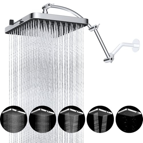 Hibbent Rain Shower Head, 13'' High Pressure Rainfall Square 5 Spray Mode Showerhead with 16 Shower Head Extension Arm, Solid Brass Adjustable Shower Arm Extender, Waterfall fixed Showerheads, Chrome