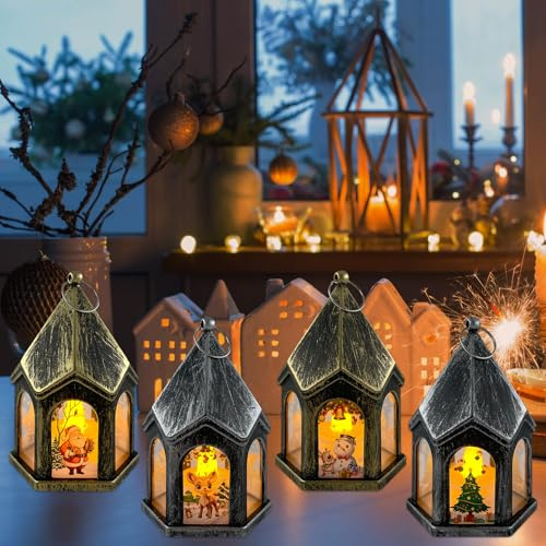 Lets Joy Weihnachtsdeko Laterne, 4 Stück Windlicht Weihnachten, Weihnachtslaterne mit LED, Weihnachten Motivleuchten Tischdekoration, Weihnachts Warmes Licht Laterne, Weihnachtsdeko Partygeschenke