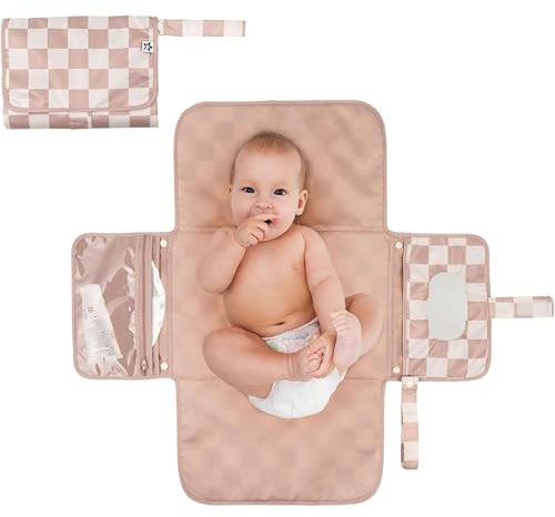 Tiny Twinkle Portable Diaper Changing Pad | Waterproof, Wipeable & Compact Baby Changing Pad for Travel | Smart Wipes Pocket & Organized Storage| Newborn Shower Gift (Beige Checkers)