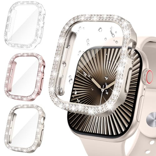 Neitra [3Stück Glitzer Diamanten Hülle für Apple Watch Series 11/10 42mm, Hart PC Bumper Case mit HD Gehärtetes Displayschutz Folie, Bling Schutzhülle Cover Smartwatch Zubehör für Frauen Mädchen