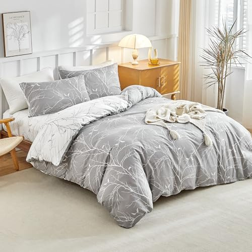 Tokokimo Juego de cama de 4 piezas, funda nórdica de 220 x 240 cm + sábana bajera ajustable de 160 x 200 cm con 2 fundas de almohada de 65 x 65 cm, color gris y blanco