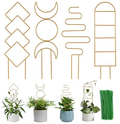 Wellsign Lot de 4 treillis pour plantes d'intérieur en pot, 40,6 cm, petit treillis doré pour plantes grimpantes, jardin extérieur, treillis en métal avec différents motifs pour support de plantes de