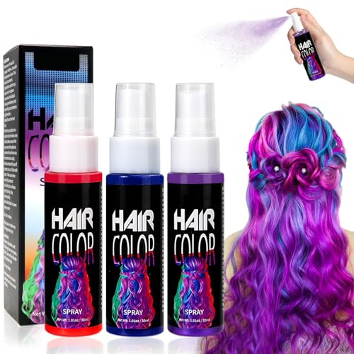 Allony 3 Colors Temporary Hair Colour Spray, Coloured Hair Spray | Wash Out Hair Dye, Purple Hair Spray, Red hair sprays, Blue hair sprays, for Cosplay, Party, Christmas, Halloween (30ml*3)