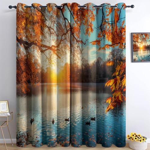 Gedruckte Blackout Vorhänge H245 x B75 cm (2er Pack) Energiesparende Vorhänge Thermo- und Schallschutzvorhänge für Schlafzimmer Herbstsee Bedruckte Orange Blau Vorhang