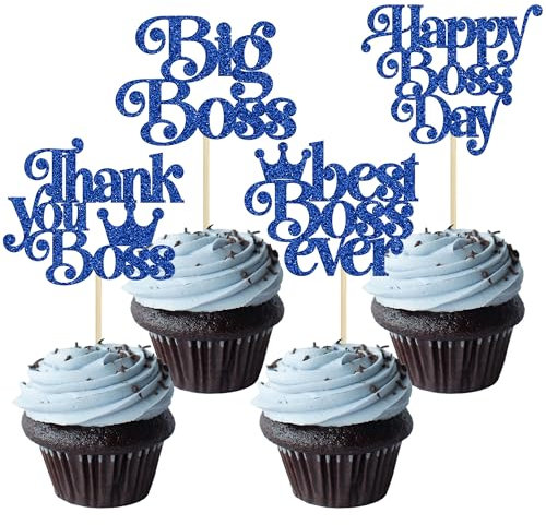 Gyufise 24Pcs Happy Boss Day Cupcake Toppers Glitter Boss Cupcake Toppers Best Boss Thank You Boss Cake Picks for Boss Theme Birthday Party Cake Decoration Supplies Dark Blue