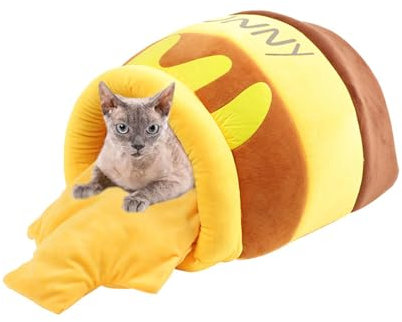 YPDOPORA Honey Jar Cat Bed for Cats, Bunny Hideout Warm Fleece Cuddle Cup Snuggle Sack with Removable Cushion Hideout Sleeping Cave for Rabbit, Cats Or Small Dogs,M