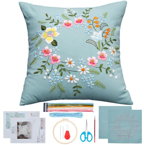 WEBEEDY DIY Stickkissen Set Für Anfänger DIY Kissenbezug Kreuzstich Sets Mit Floralem Muster Für Erwachsene Blumen Dekorative Kissenbezug Nähsachen 44x44cm (Blau)