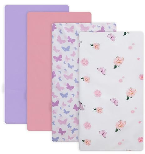 Newvenper Juego de sábanas de microfibra supersuave para cuna, transpirable, 130 x 70 x 20 cm, diseño de mariposas, flores, rosa y morado, 4 piezas