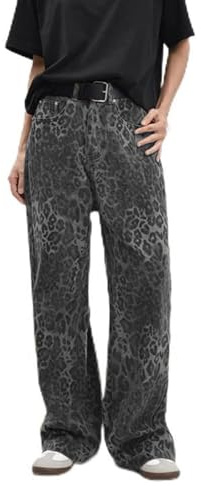 Pantalones vaqueros de cintura alta para mujer, pantalones vaqueros anchos con estampado de leopardo marrón, pantalones de mezclilla de pierna ancha, estampado de leopardo, pantalones holgados