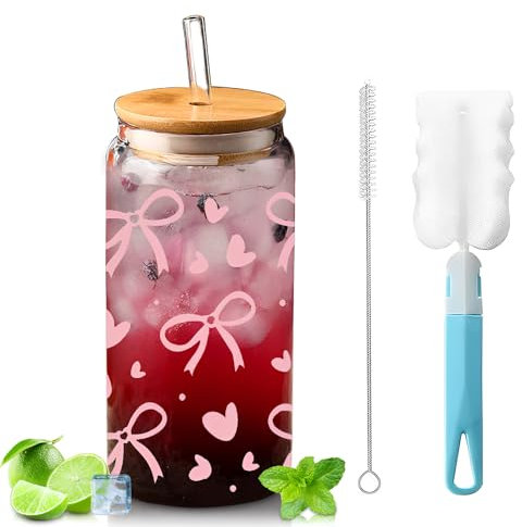 HOVCEH Bicchiere Vetro con Cannuccia, 500ml Bicchieri con Cannucce Vetro per Caffè Freddo, Cocktail, Soda, Birra,Tazza in Vetros con Tappo di Legno, Cannuccia di Vetros, Pennello