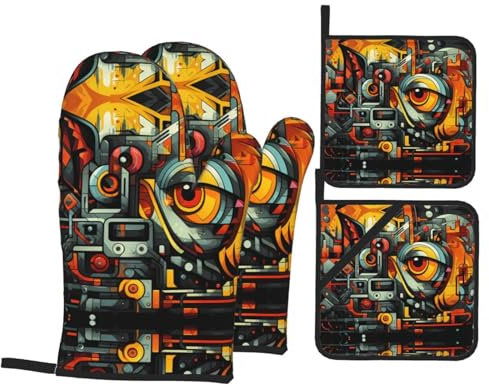 Mitaines De Four Motif Bizarre Professionnel Kitchen Mittens Antidérapant Maniques Cuisine pour Cuisson Grillade Four,4 Pièces