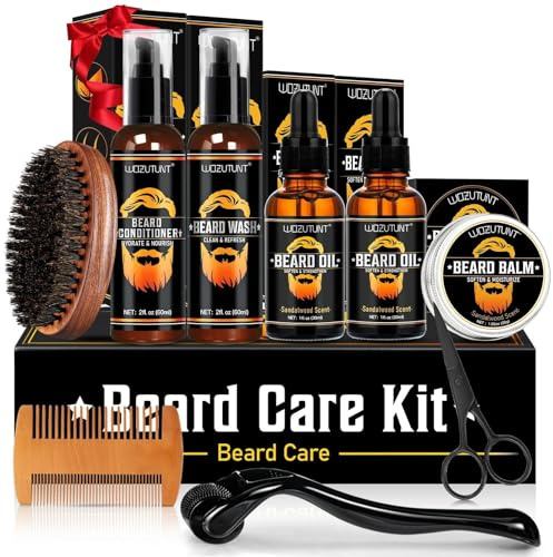 Beard Growth Kit from Clean to Care - W/Beard Roller,Beard Conditioner,Beard Oil,Beard Balm,Beard Brush,Beard Wash,Beard Comb, Scisso Beard Care Kit for Men Him Dad Husband Boyfriend