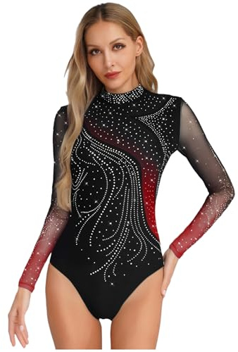 Miutii Damen Turnanzug Glitzer Langarm Gymnastikanzug Strass Glänzend Ballettanzug Gymnastik Leotard Turntrikot Eislaufen Wettbewerb Tanzkostüm Rot M