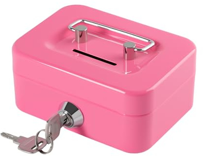 Mini Geldkassette abschließbar, Kasse mit Schlüssel, tragbare Spardose für Haus, Büro und Veranstaltungen, 11.5 * 8.5 * 6cm (Pink)