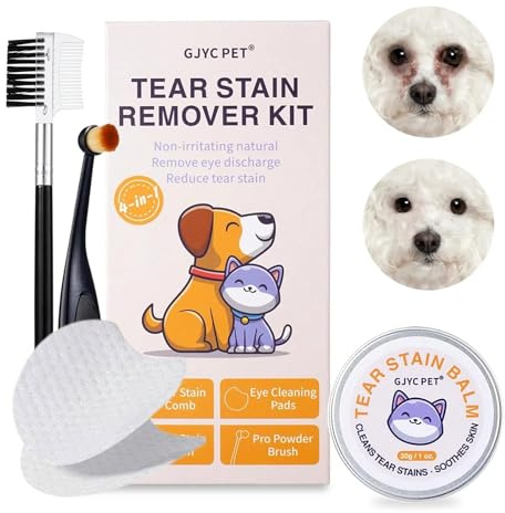 Kit removedor de manchas de lágrimas para perros y gatos – Incluye bálsamo para manchas de lágrimas, peine, cepillo para polvo y 20 almohadillas de algodón – Limpia suavemente, reduce el