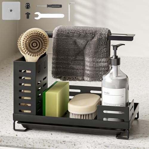 TranRantic Kitchen Sink Caddy, Kitchen Sink Tidy Caddy Area Organiser, Sponge Holder Draining with Brush and Dishcloth Holder, Washing Up Organiser for Countertop Bathroom
