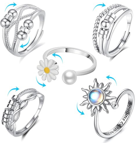 Rbleote 5 PCS Anxiety Ring für Damen,Spinner Ring,Vielseitige Trageweise,Stress Angst,Stressabbau, Elegantes Silberdesign, Perfekt zum Verschenken