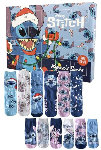 United Labels Disney Lilo & Stitch Calendario dell'Avvento con 12 paia di calzini da donna, taglia 35-41, calendario con sneakers e calzini lunghi, calendario natalizio regalo