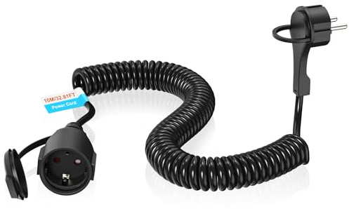 Cavo di prolunga a spirale, 10 m, con contatto di protezione, cavo a spirale, estensibile da 10 m, spina europea, cavo a spirale, IP20, protezione (250 V/13 A, nero)