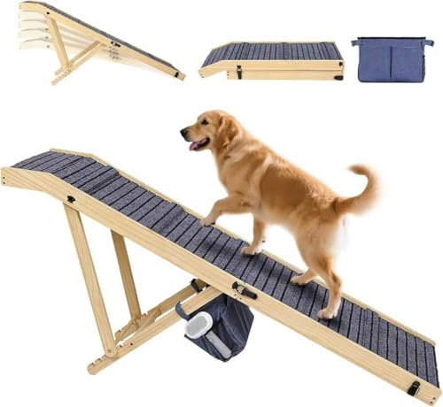 Extra Large Dog Ramp 63‘’L for High Bed, Couch & SUV – 200 Lb Heavy Duty Solid Wood Pet Ramp, 4 Adjustable Height – Portable Stable Non-Slip Steps for Medium to XL Dogs