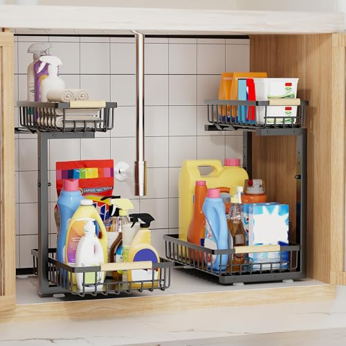 2er Pack Küchenschrank Organizer Metall, 2 Ebenen ausziehbares Regal | Küchen Organizer,Höhenverstellbar 35.5~43cm,für Waschbecken in Küche/Bad,Schwarz,under sink organizer