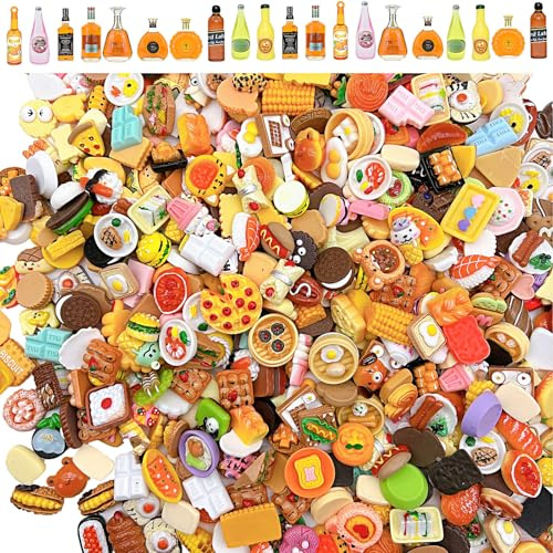YUTOU 80 Stück Miniatur Essen und Trinken Miniatur Lebensmittel Puppenhaus Zubehör DIY Lebensmittelspiel Küchenspielzeug Set Mini Harz Essen Deko für Geburtstagsgeschenk (Randomisierter Stil)