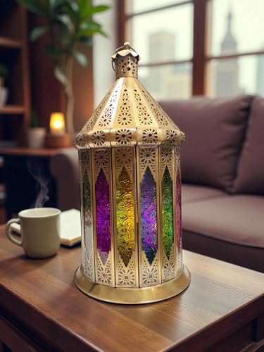 Farol Decorativo de Metal, Diseño Marroquí, Multicolor, con Paneles de Vidrio Tintado, 40 x 20 cm, Lámpara para Vela de Mesa Estilo Linterna (40 * 20 CMS)