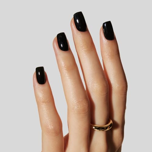 LAMIMOSA 32Pcs Black Press On Nails Short Square - Solid Black False Nails with Glue, Soft Gel Fake Nails in 16 Sizes, Reusable Stick on Nails, MIDNIGHT