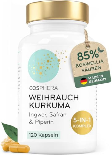 Weihrauchkapseln hochdosiert - Kurkuma, Piperin, Ingwer & Safran - Veganer 5-in-1-Komplex mit Boswellia Serrata (85% Boswelliasäuren) - 120 Kapseln für 2 Monate - COSPHERA