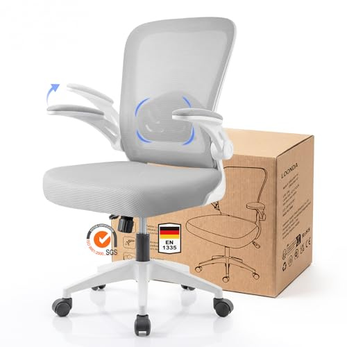 LOONDA Bürostuhl Ergonomisch mit 4D Verstellbarer Lordosenstütze und Atmungsaktivem Mesh, Ergonomischer Schreibtischstuhl mit 8 cm Formstabilem Sitzpolster, 360° Drehstuhl für Home Office & Büro Weiß