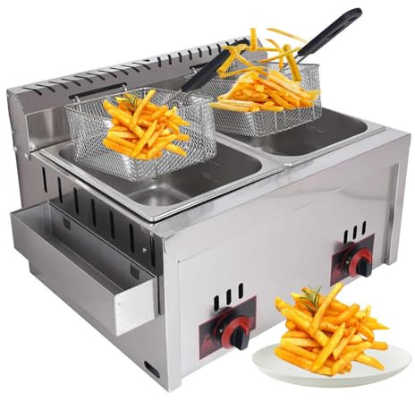 Friggitrice Commerciale a Gas Gpl da Appoggio 10L X 2, con 2 Cestelli e Coperchi, Potenza di Fuoco Regolabile, a Doppio Serbatoio Friggitrice In Acciaio Inossidabile per Ristorante