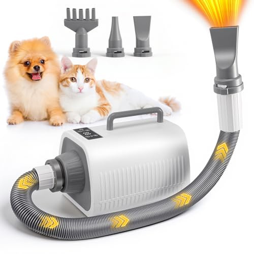 Asciugacapelli per Cani, Potente soffiatore per cani con Velocità e Temperatura Regolabili, 3 Ugelli, Tubo Flessibile, Schermo LCD, Asciugatore per Cani e Gatti di Tutte le Taglie