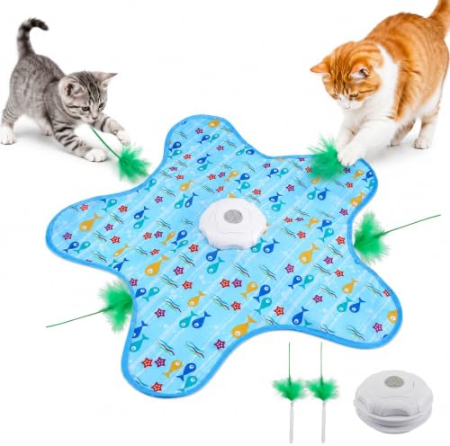 laloohome Interaktives Katzenspielzeug Selbstbeschäftigung, USB-Aufladung | Katzenspielzeug Elektrisch mit abnehmbaren Federn, 3 Spielmodi, für Katzen jeden Alters, Blau