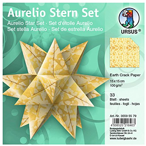 Ursus 35595579 - Faltblätter Aurelio Stern Earth Crack Paper, gold, 33 Blatt, aus handgeschöpftem Naturpapier, Metalliceffekt 100 g/qm, ca. 15 x 15 cm, beidseitig bedruckt, ideal als Weihnachtsdeko