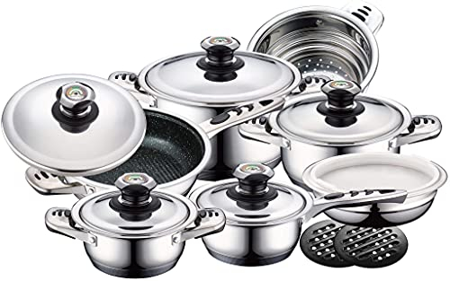 Juego de utensilios de cocina de acero inoxidable de 16 piezas, disponible con tapa de cristal o tapa de acero inoxidable