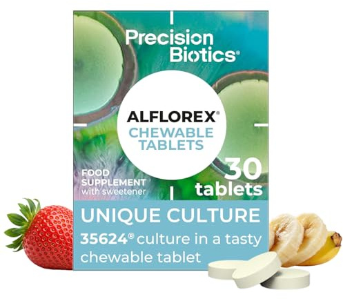 Alflorex Chewable - Daily Gut Health Supplement with Unique Bifidobacterium Longum Bacteria Strain 35624® - Bacterial Cultures - Strawberry & Banana Flavour - 30 Chewable Tablets