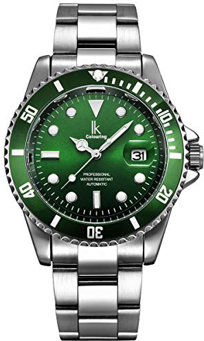 Alienwork Automatikuhr Armbanduhr Herren Damen Silber Edelstahl Metallarmband Kalender Datum Grün