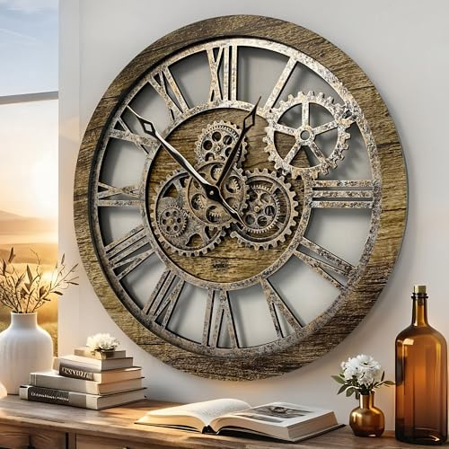 ImprovingLife The Original Real Moving Gear Wall Clock Vintage Industrial Oversized Rustic Farmhouse (24 inch (60cm),Gold Antique)