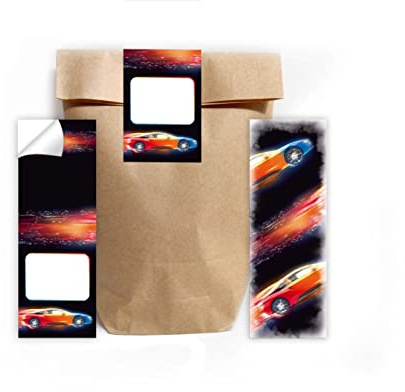Junapack 12 Lesezeichen + 12 Geschenktüten (Natur) + 12 Aufkleber Rennauto Rennwagen Mitgebsel Gastgeschenk beim Kindergeburtstag Jungen