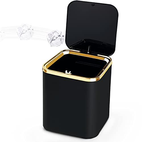 yuejuhe Pattumiera Piccola con Coperchio da Tavolo 2L, Mini Cestino Spazzatura Bagno, può Essere Parete, per Scrivania, Toletta, Bancone Cucina (Nero)