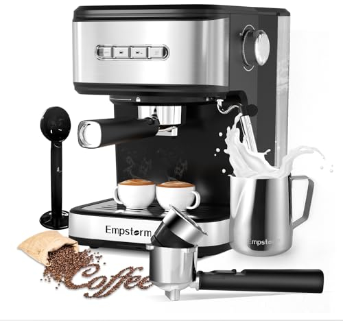 Empstorm Macchina per caffè espresso 20 bar, 2 in 1, con montalatte, bacchetta a vapore per latte e cappuccino, portafiltro in polvere e capsule, serbatoio dell'acqua rimovibile, macchina da caffè per