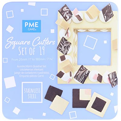 PME Stainless Steel Square Cutters, Set of 19, Silver | Sharp cutting edges provide crisp shapes for pastry, cookies, and icing, with smooth rims to ensure safe, comfortable prep.