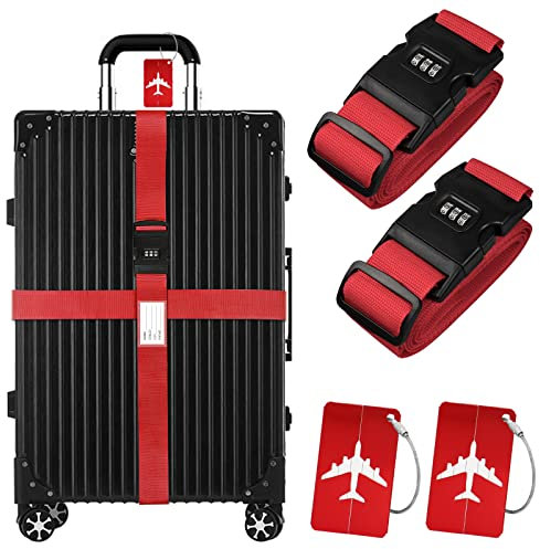 Passwort Koffergurt Kofferanhänger Set, 2 Stück gepäckband mit Schloss mit 2 Stück Gepäckanhänger Set, Schwarz Kofferband Gurt Personalisierte Identifikation für Gepäck Reisetasche Koffer (Rot)