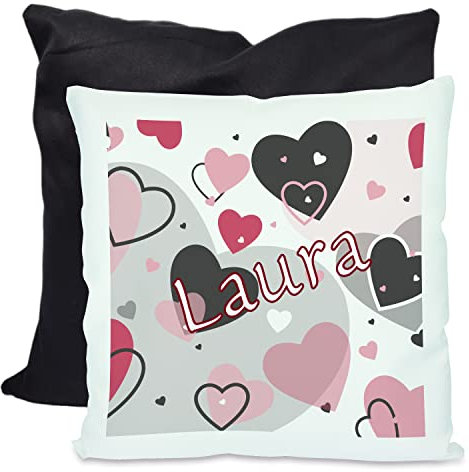 CreaDesign, Kinder Kissen 40x40 cm personalisiert mit Namen, Kinderzimmer Deko Kissen Kinder mit Füllung Federn, Motiv Herz rosa grau, Rückenfarbe Schwarz
