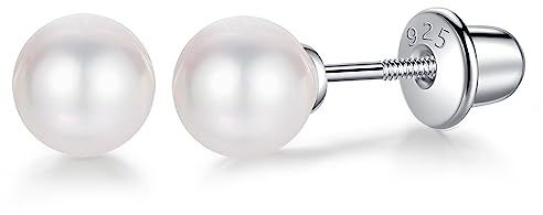 Freshwater Pearl Earrings with Screw Back for Women 925 Sterling Silver Sensitive Genuine 6mm White Real Round Cultured Pearls Stud Everyday Earrings Studs Ladies (Pearl-6mm)