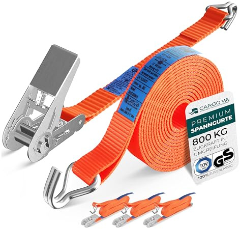 CargoVA® Robuste 800kg Spanngurte mit Ratsche [4er Set] - TÜV/GS Zertifiziert & DIN - Vielseitig Einsetzbar - 25mm Breite - Ideal für Professionelle Anwendungen [6M]