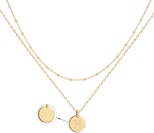 Jenosy Kette Layered Damen Fische Sternzeichen Kette Gold Personalisierte Halskette mit Anhänger Zarte Mehrreihig Halskette Hypoallergene 18K Vergoldete Kette Modeschmuck für Frauen und Mädchen